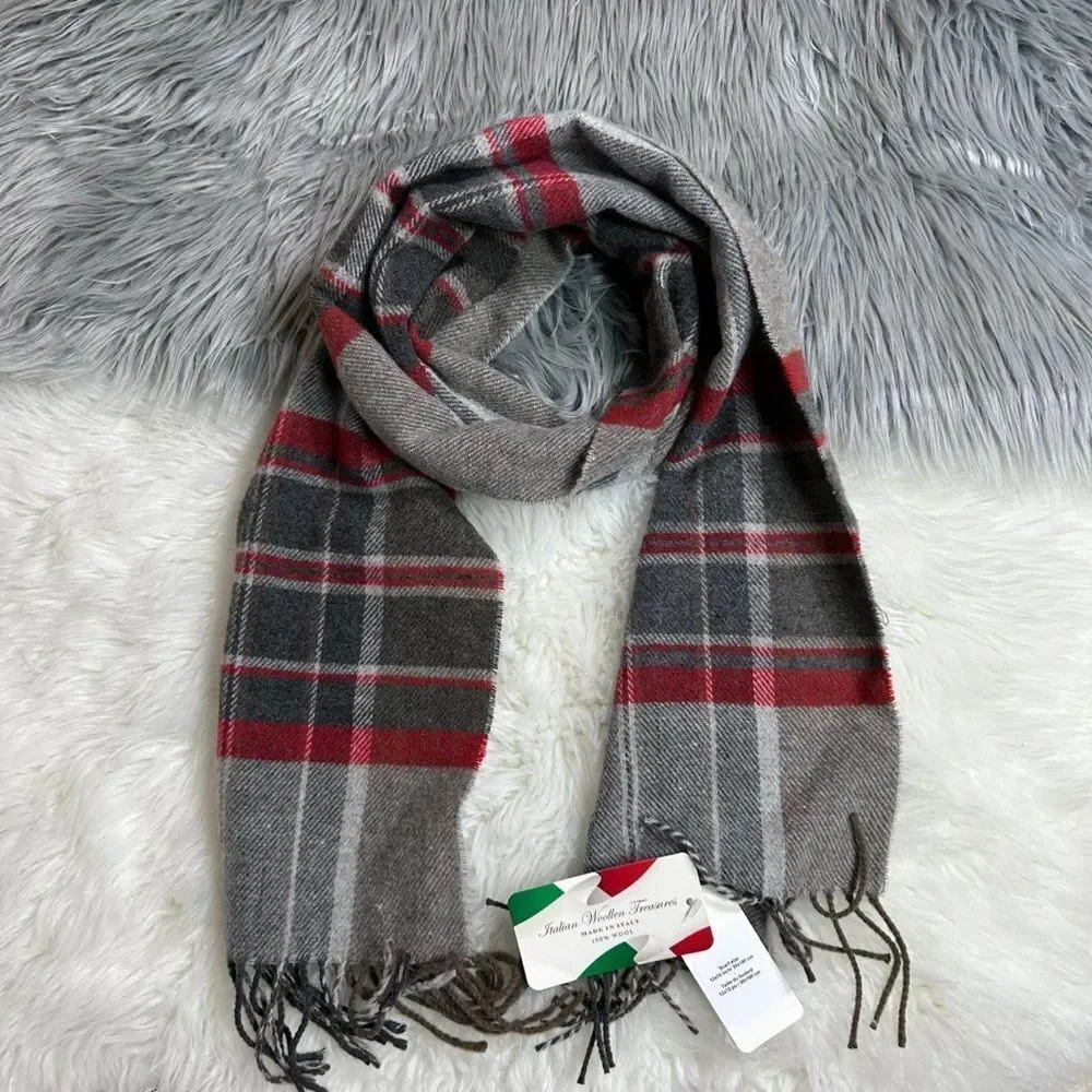 ITALIAN WOOLEN TREASURES Men's Scarf in Gray and Red 100% wool